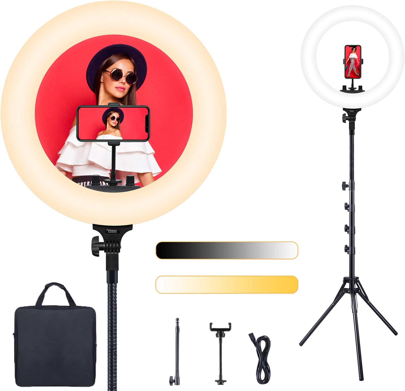 Ring Light, ESDDI 18inch Dimmable Brightness Bicolor 3000K-6500K Led Ring Light with Stand and Phone Holder, Soft Tube, Carrying Bag for Camera, Smartphone, YouTube, Vlog, Makeup, Portrait Shooting