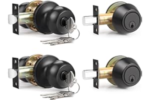 Brotima 2 Pack Entry Door Knob Lockset and Single Cylinder Deadbolt Combination Set in Matte Black Finish, Keyed Alike Exterior Knob Lock and Deadbolt for Front Door and Outside Gate