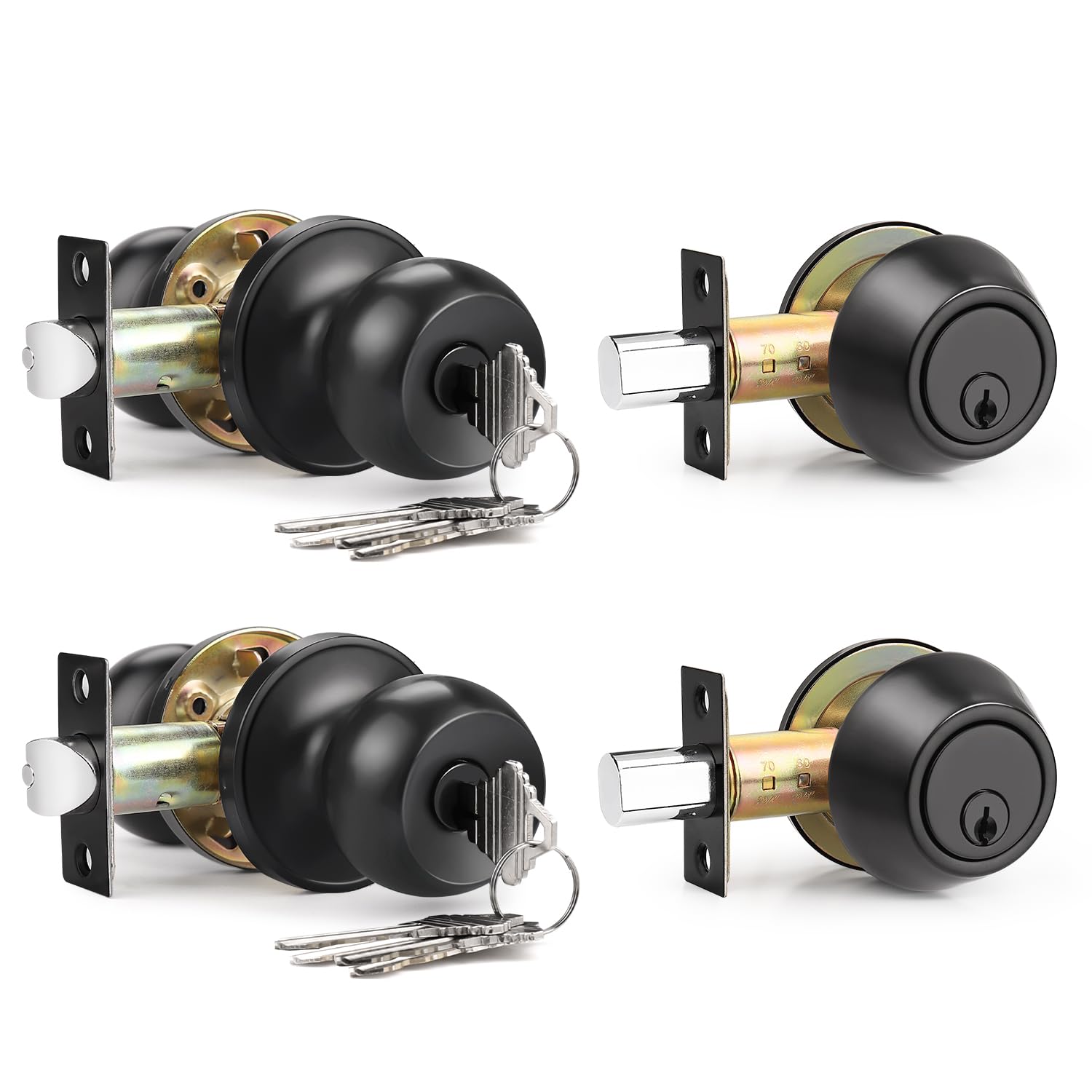 Brotima 2 Pack Entry Door Knob Lockset and Single Cylinder Deadbolt Combination Set in Matte Black Finish, Keyed Alike Exterior Knob Lock and Deadbolt for Front Door and Outside Gate Image