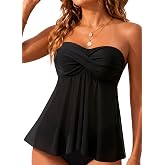 Women Bandeau Tankini Top Only Mesh Strapless Swimsuits Top No Bottom | Fixed cups for stable lift; Adjustable removable halter straps; Full lining; Tummy Control; Resort style