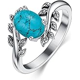 DOLIOX Genuine Turquoise Ring for Women Western Oval Gemstone Jewelry 925 Sterling Silver Leaf Bohemian Boho for Her Wife Mom