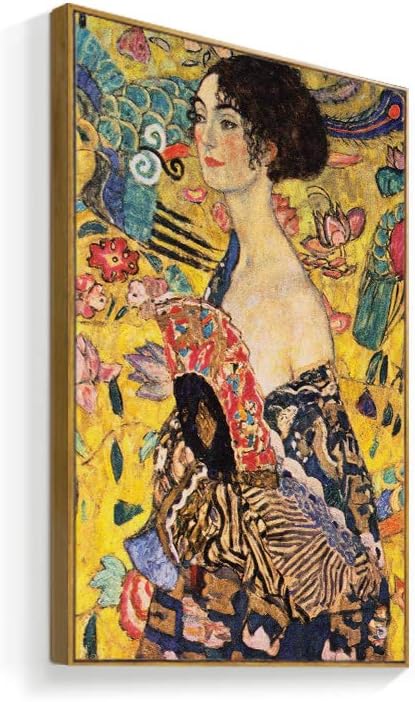 NWT Framed Canvas Print Wall Art Gustav Klimt's Lady with Fan Decorative Historic Oil Painting Baroque Traditional Scenic Colorful Ultra for Living Room, Bedroom, Office - 16"x24" Natural