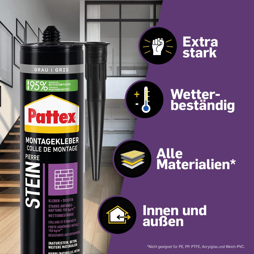 Pattex Montage Stein, starker Montagekleber für Stein, Naturstein und Steinwerkstoffe, Baukleber für alle Materialien*, elastischer Steinkleber für innen und außen**, 1x420g 2