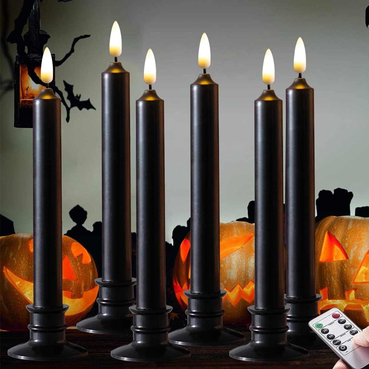 Lighting - 6PACK Black Flameless 8'' Battery Powered Windows Candles with Remote and Timer & Candlestick. Removable Black Candleholders, Patented