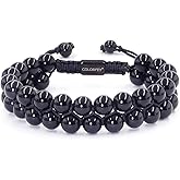 Mens Beaded Bracelet for Men - COLORFEY Authentic Tiger Eye Bracelets Handmade Obsidian Onyx Bead Bracelets 2Row, Natural Stone Protection Bracelet for Him 8mm Healing Crystal Christmas Gift for Him
