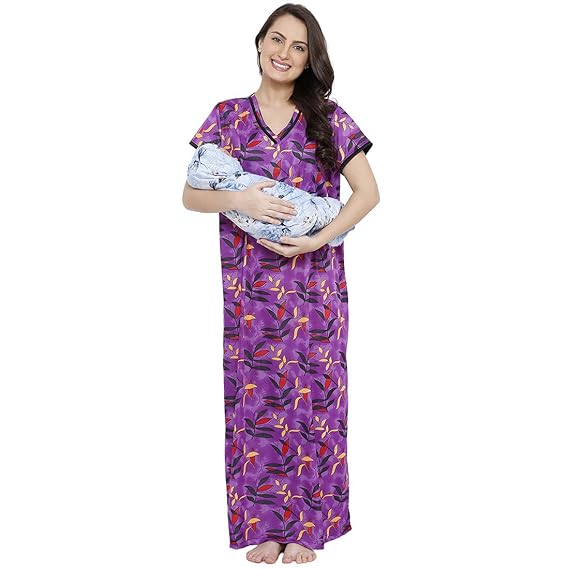 Women's/Girls V Neck Feeding/Maternity Serina Blended Nighty/Nightdress/Nightwear/Sleepwear with Invisible Zip (Free Size 36-40 Bust)