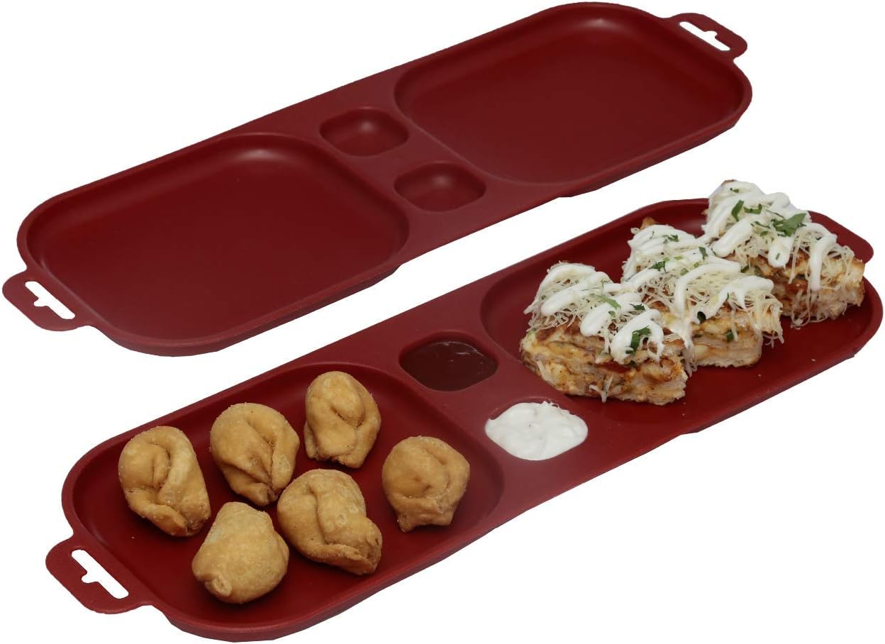 SIMPARTE Unbreakable Plastic Kid-Friendly Serving Tray, 4 Partitions for Tea and Snacks|Parties|Kitchen and Dining|Microwave Safe| Trays for Serving, Set of 2, Red