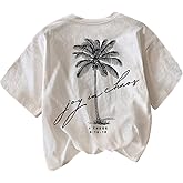 SweatyRocks Women's Graphic Round Neck Short Sleeve T Shirts Hawaiian Beach Vacation Drop Shoulder Tee Top