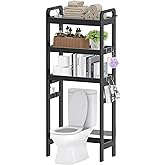 Over The Toilet Storage Shelf, 3 Tiers Space Saver Bathroom Organizer Shelves with Toilet Paper Holder and Hooks, Freestanding Toilet Rack for Washroom Balcony, Black