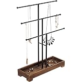 MyGift 3-Tier Black Metal T-Bar Jewelry Organizer Stand, Necklace and Bracelet Hanging Display with Brown Wood Ring Tray