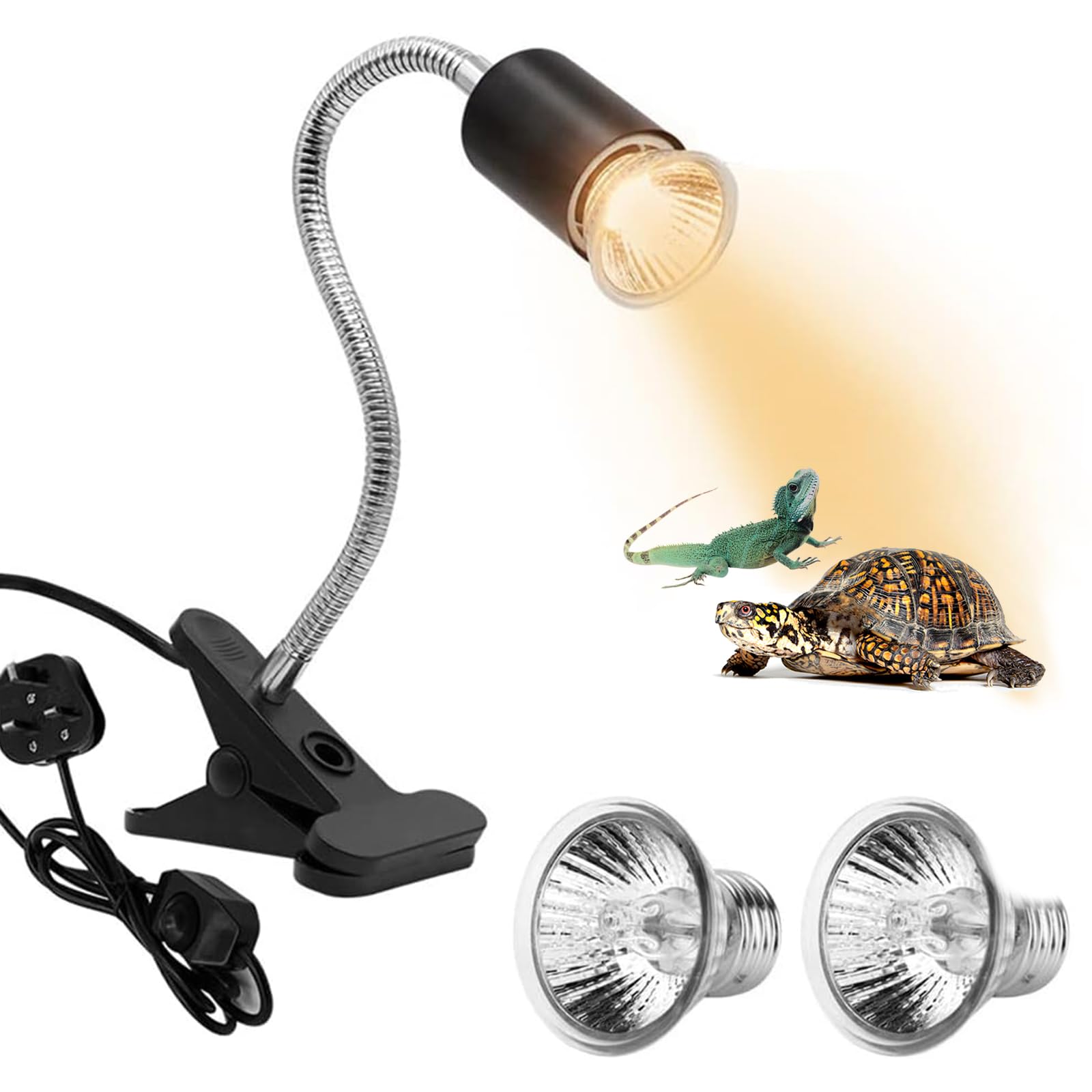 LASIEYO Tortoise Heat Lamp, Basking Lamp for Reptiles with 2 Pack 50W UVA+UVB E27 Basking Bulb Heat Spotlight with Clip for Aquarium Lizards Turtle Snakes