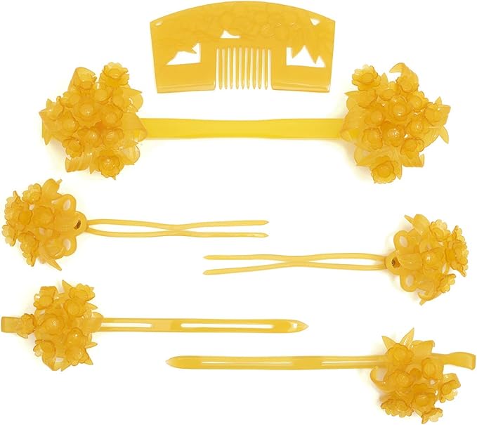 Amazon ソウビエン 髪飾り 成人式 卒業式 本格簪 6点 セット 花魁 黄色 イエロー 松竹梅 花 前櫛 笄 前挿し 芳丁 吉丁 舞妓 ヘアアクセサリー 日本製 和装小物 通販