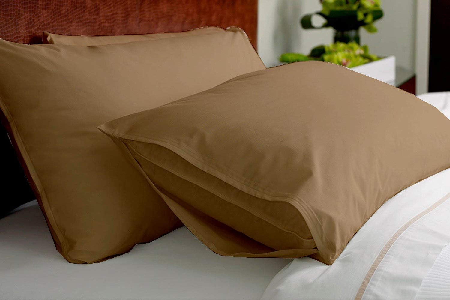 Indore Cotton Soft and Smooth Wrinkle-Free Thread-Count Pillow Case (17 x 27 Inch, Taupe) - Set of 2