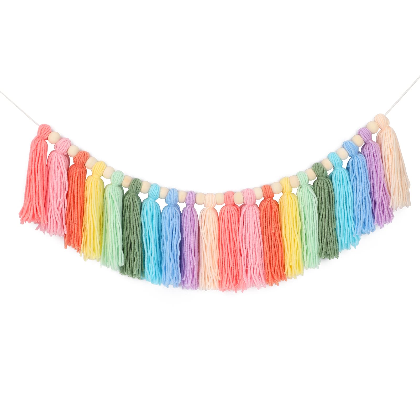 G2PLUS Rainbow Tassel Garland, Colorful Pastel Tassel Banner with 20PCS Macaron Tassels, Wall Tassle Decoration Bunting with Wood Beads for Girls Bedroom Birthday Party Decor