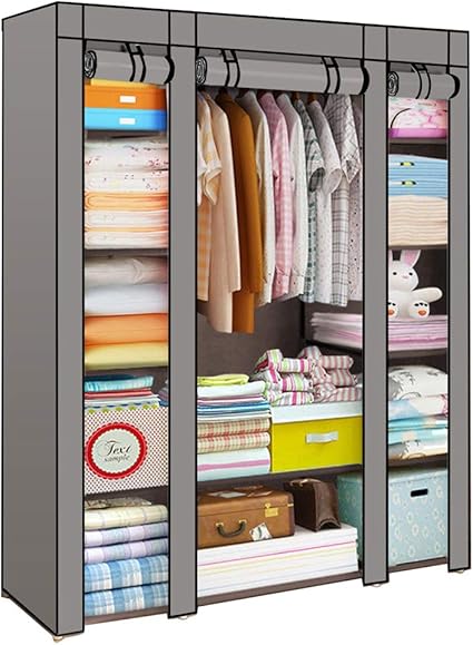 Multiware Armoire De Rangement En Tissu Triple A Vetements Dressing Penderie Tringle Avec Portes Coulissantes Gris Amazon Fr Cuisine Maison