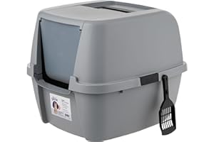 Litter Genie Cat Litter Box, Enclosed with Front Door Flap and Scoop, Covered Kitty with Handle and Buckles for Portability and Privacy, Gray/Black