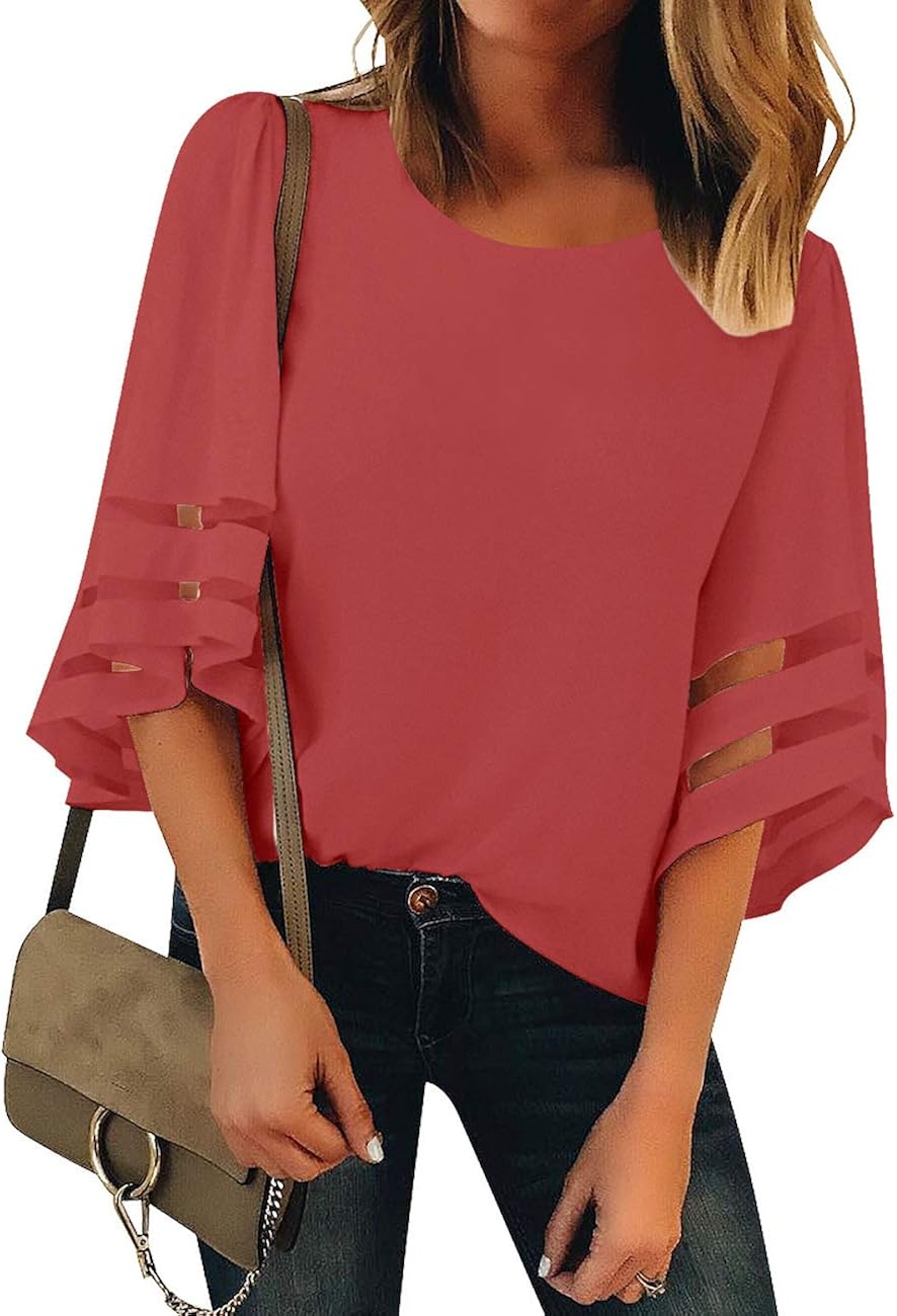Vetinee Women's 3/4 Bell Sleeve Shirt Mesh Panel Blouse V Neck Casual Loose Tops at  Women’s Clothing store