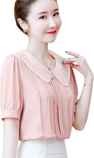 Amazon Bscool シフォン ブラウス レディース 半袖 カットソー 襟付き シャツ プルオーバー カジュアル 無地 トップス Ol風 オフィス 事務服 通勤 シャツ ブラウス 通販