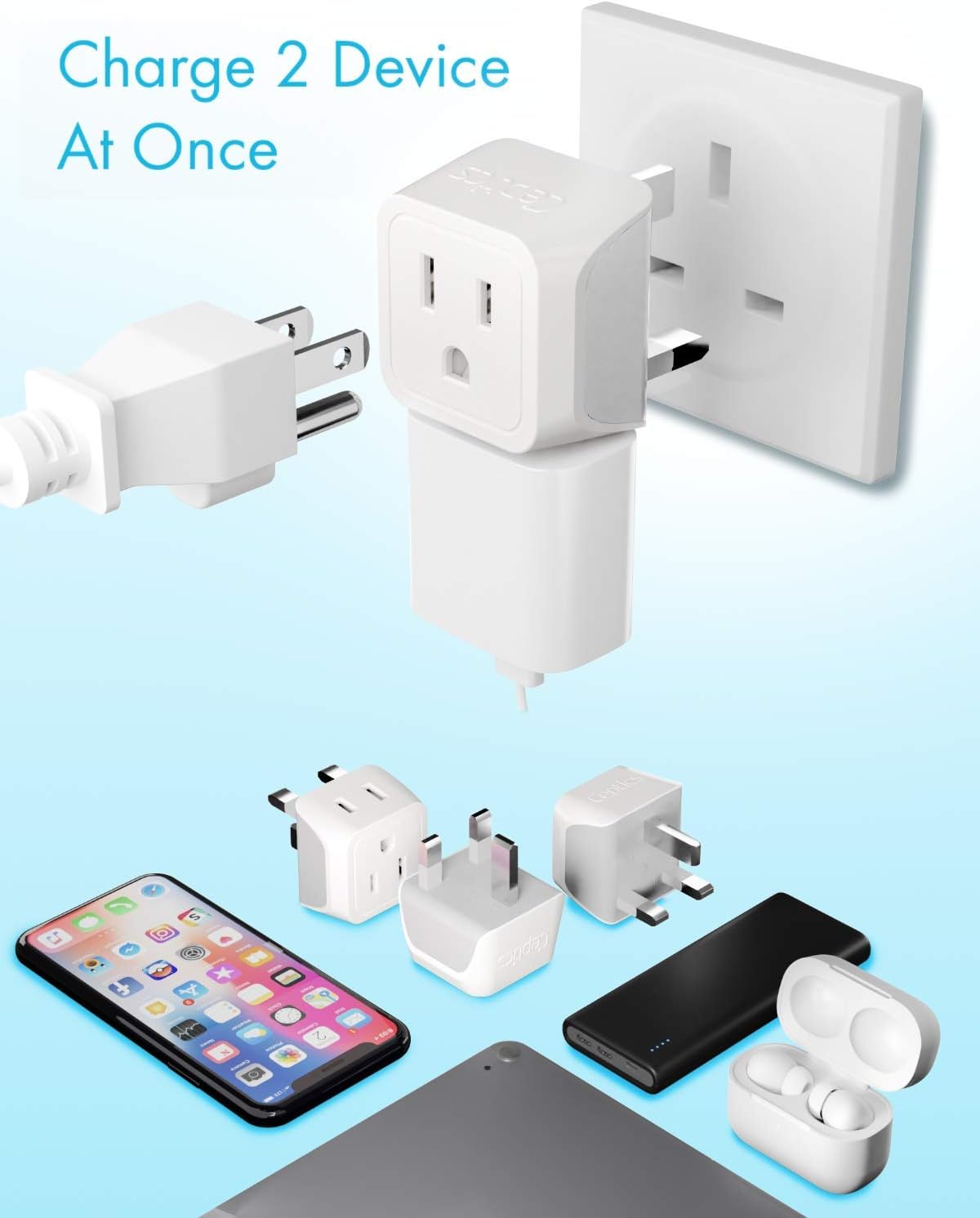 UK, Hong Kong, Ireland Travel Adapter Plug by Ceptics - Usa Input - Type G - Safe Grounded Perfect for Cell Phones, Laptops, Camera (3 Pack) - Dual Inputs - Ultra Compact - Light Weight (CT-7): Home Improvement