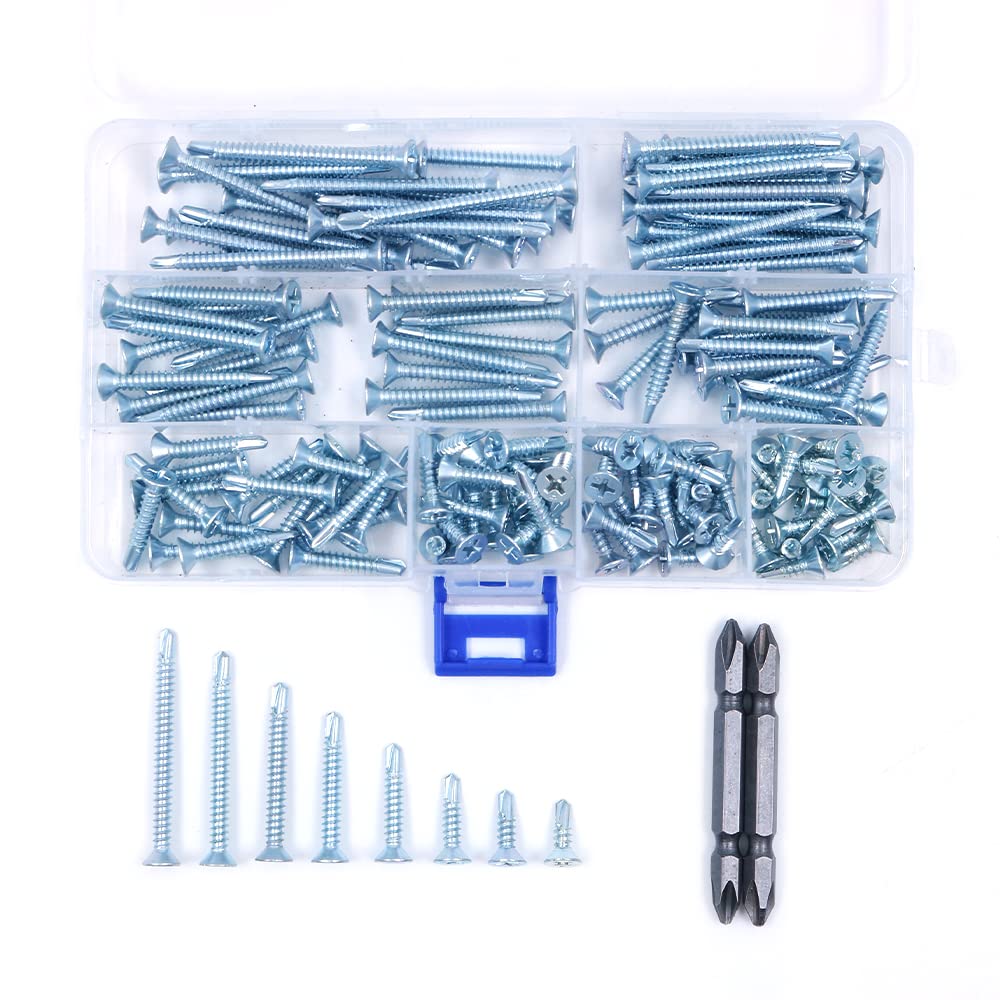 BOX of 160 ZONADAH Tek Self-Drilling Screws, Cross Countersunk Head Zinc Plated Metal Thin Sheet Screws with 2 Free Deive Bits, from 4.2 * 13 to 4.2 * 50, DIY, Home Repair, Fence, Door fixing