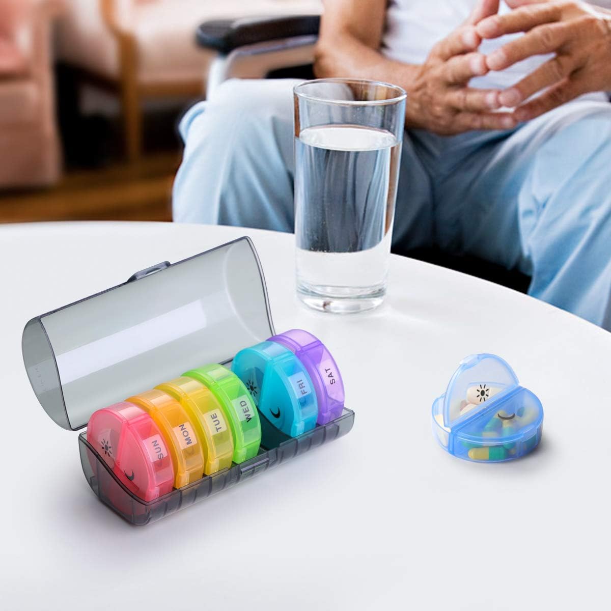 Weekly Pill Organizer 7 Day 2 Times a Day, Sukuos Large Daily Pill Cases for Pills/Vitamin/Fish Oil/Supplements - Rainbow Colors (Black Box): Health & Personal Care