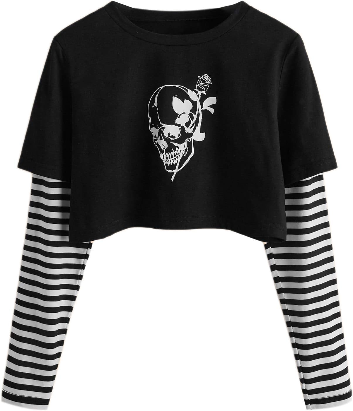 SweatyRocksWomen's Color Block Butterfly Print Striped Long Sleeve Crop Top T Shirt