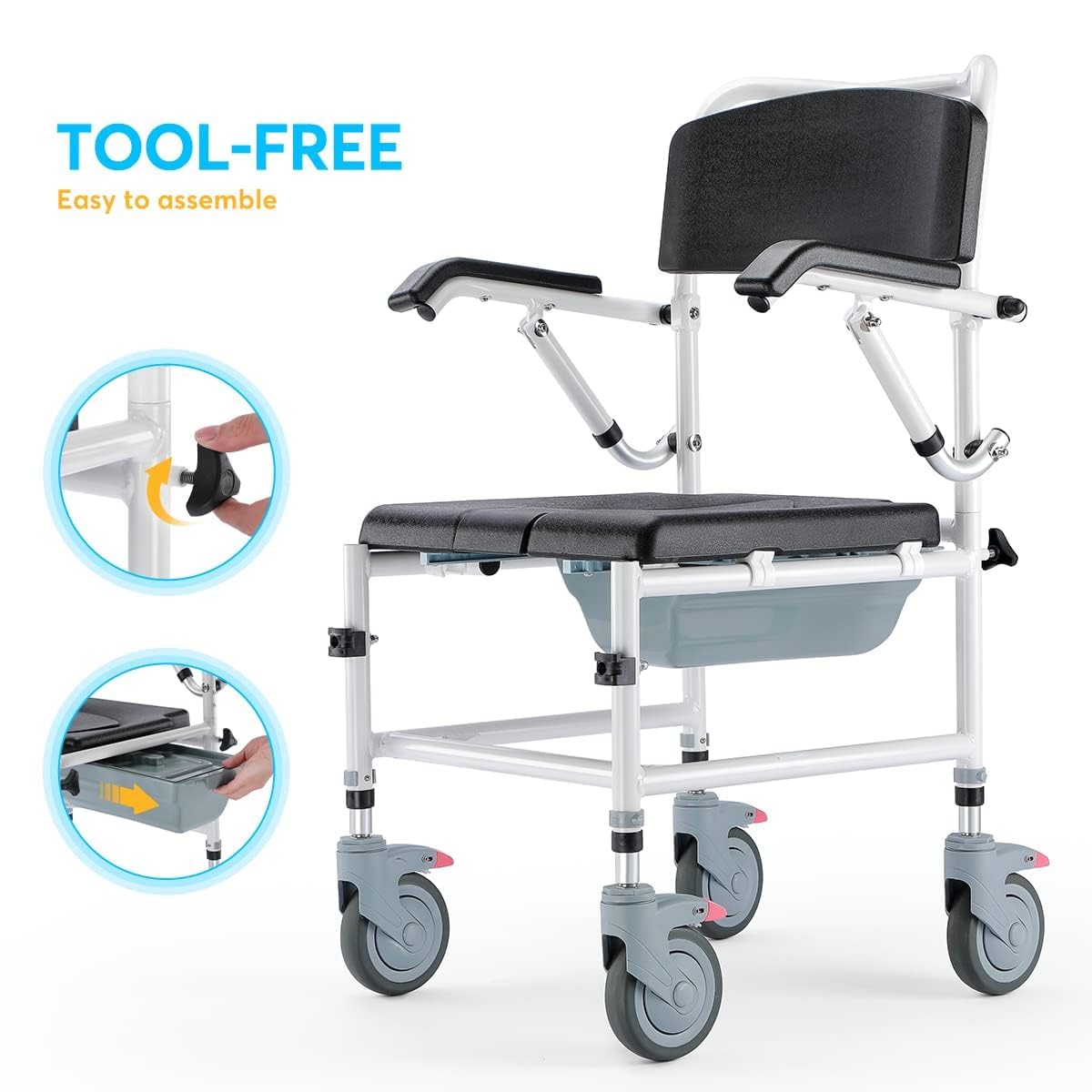 OasisSpace Shower Commode Wheelchair - 300LB Waterproof Shower Chair with Wheels, Rolling Shower Chair with Swing Away Footrests and Flip Back Arms for Elderly Adults Diasbled (FSA or HSA Eligible)