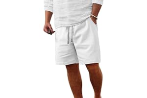 Ntrlv Men's Cotton Linen Shorts 7" Casual Elastic Waist Drawstring Summer Beach Shorts with Pockets