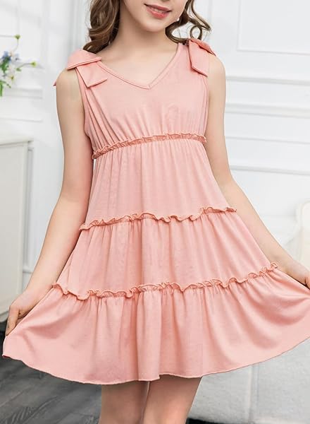 BLIBEAN GIRLS SUMMER DRESSES TEEN KIDS BOHO BEACH SLEEVELESS SUNDRESS CASUAL SOLID TRENDY FLARE A-LINE SUN DRESS TIERED OUTFITS SIZE 14 15 16 YEAR OLD PEACH PINK