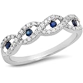 Dazzlingrock Collection 10K Real Solid Gold Round Blue Sapphire & White Natural Diamond Women Bridal Stackable Anniversary Wedding Swirl Ring