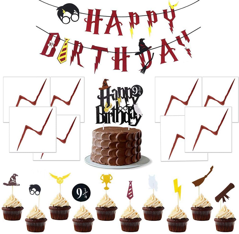YASUI Wizard Birthday Party Supplies set- Cake Topper, 20pcs Cupcake Toppers,Happy Birthday Felt Banner ,20pcs Lightning Bolt Tattoos For Wizard Birthday Party Supplies Decorations