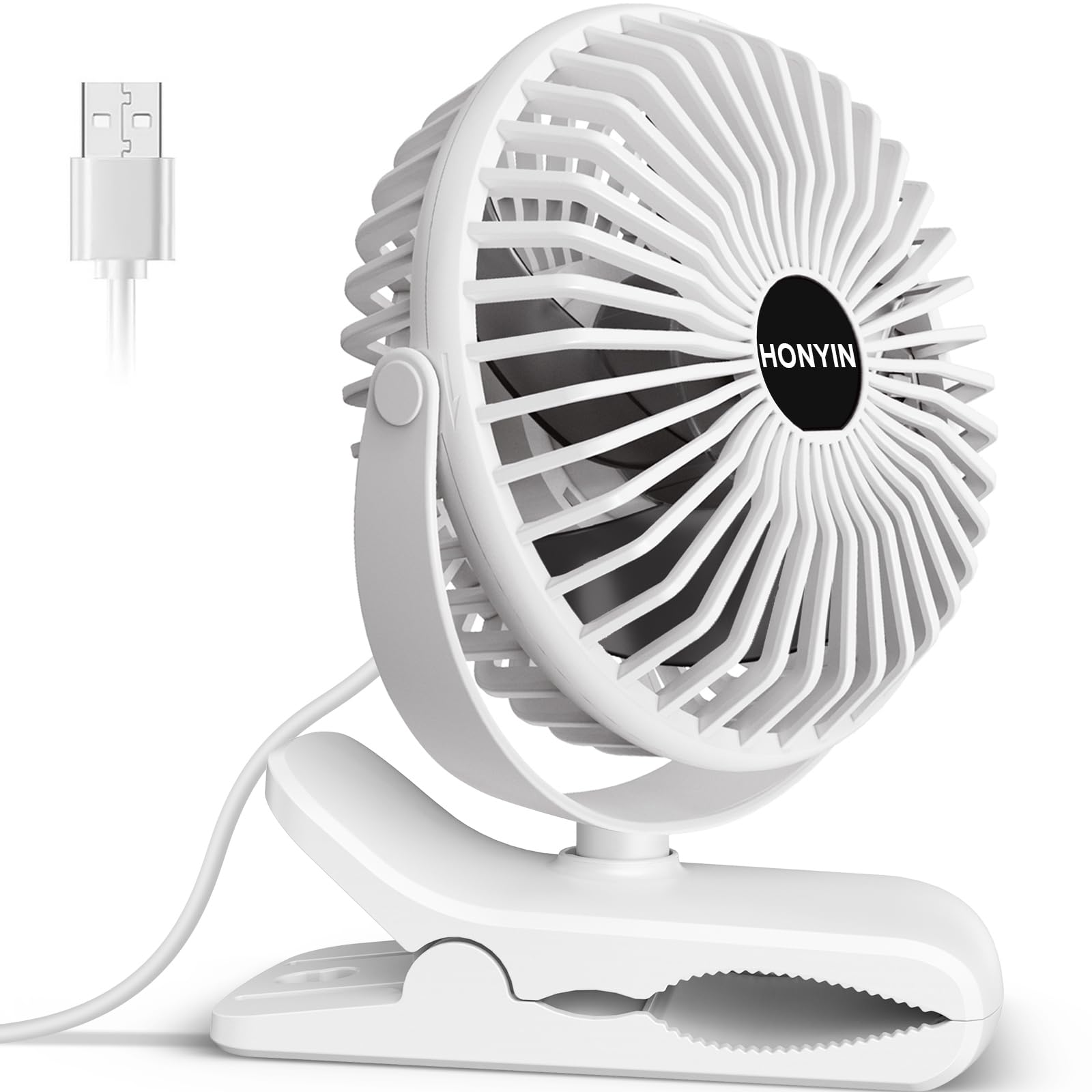 HONYIN Mini USB Clip Fan, Clip and Desk Personal Fan with Sturdy Clamp, 720° Rotation, 3 Speeds Cooling Wind by USB Plug In, for Home, Office and Desk