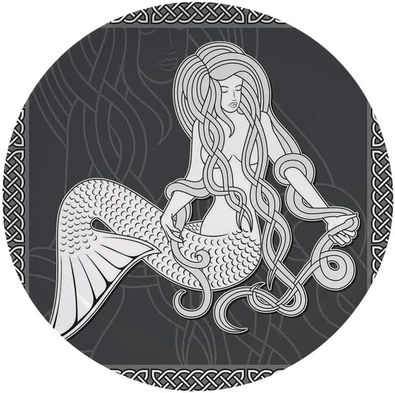Ylljy00 Mermaid 8" Dinner Plate,Retro Style Art Mermaid Brushing Hair and Border with Celtic Patterns Print Ceramic Decorative Plates,Dining Table Tabletop Home Decor,Brown White