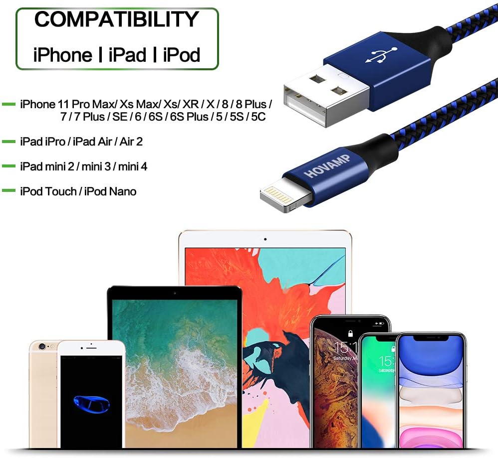 HOVAMP MFi Certified 5Pack[3-3-6-6-10 ft] Nylon Braided Cell-Phone Charging Cable USB Fast Charging & Syncing Long Cord,iPhone Charger Compatible iPhone XS/Max/XR/X/8/8P/7/7P/6/iPad/iPod