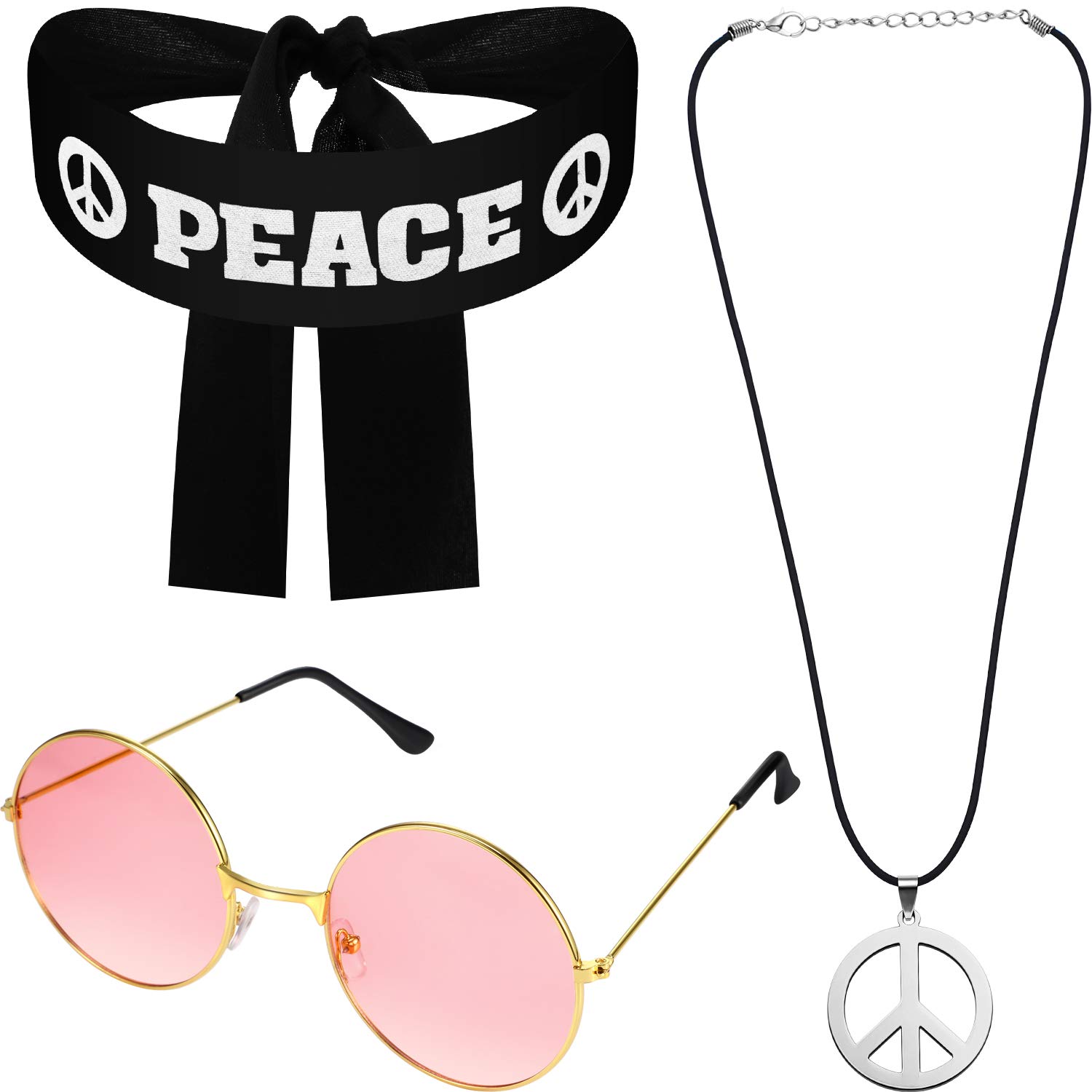 Hippie Costume Set for Women Men, Includes Sunglasses, Peace Sign Necklace and Peace Sign Headband for 60s 70s Party Accessories Halloween Party Costume
