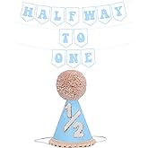 Blue Half Birthday Decorations for Boys, 6 Months Birthday Decorations With 1/2 Boy Hat And Pre-strung Half Way To One Banner For 1/2 Birth-day Boy Decor