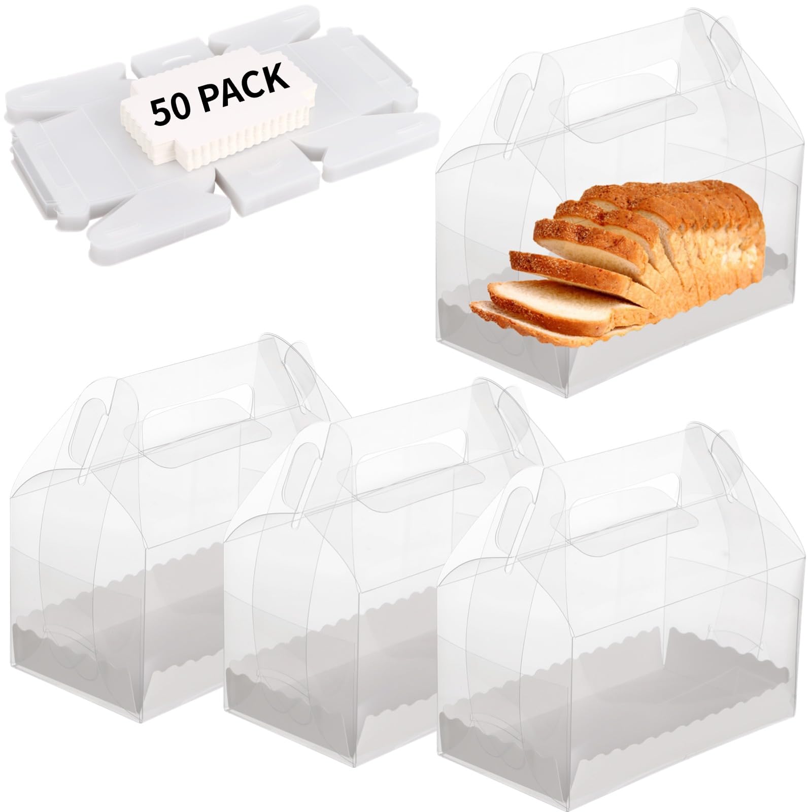 Photo 1 of 50 Pack Clear Gable Bakery Gift Boxes with Cardboard,Candy Treat Gift Box for Party Pastry Treat Dessert Cookies Birthday Holiday Christmas Valentine Birthday Baby Shower 6.5 x 3.5 x 3.7 Inch