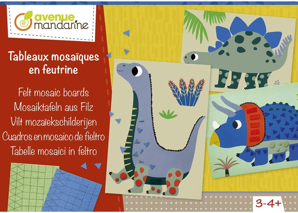 Avenue Mandarine, Ref KC091C, Felt Mosaic Dinosaur Boards Activity, 4 Dinosaur Cards, 15 x 21cm