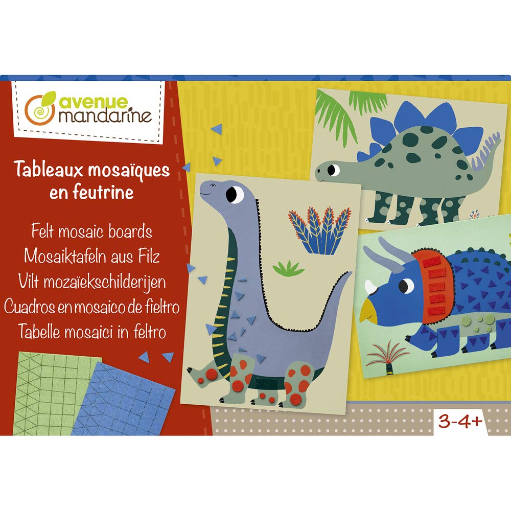Avenue Mandarine - Ref KC091C - Felt Mosaic Dinosaur Boards Activity - 4 Dinosaur Cards, 15 x 21cm, 6 Boards of Geometric Felt Stickers, Suitable for Ages 3-4+