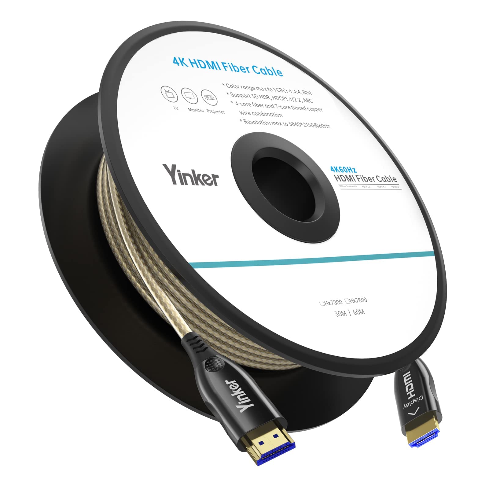 Yinker 4K Fiber HDMI Cable 200ft, 4K 60Hz Fiber Optic Cable HDMI 2.0 Cable Uni-directional Supports 18Gbps 4:4:4 ARC HDR HDCP2.2 for Blu-ray/TV/Projector/PS/Xbox 60m