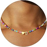Turandoss Colorful Beaded Initial Necklaces for Women Girls, 14K-Gold-Plated Heart Letter A-Z Pendant Dainty Summer Jewelry Personalized Birthday Gifts for Teen Girls