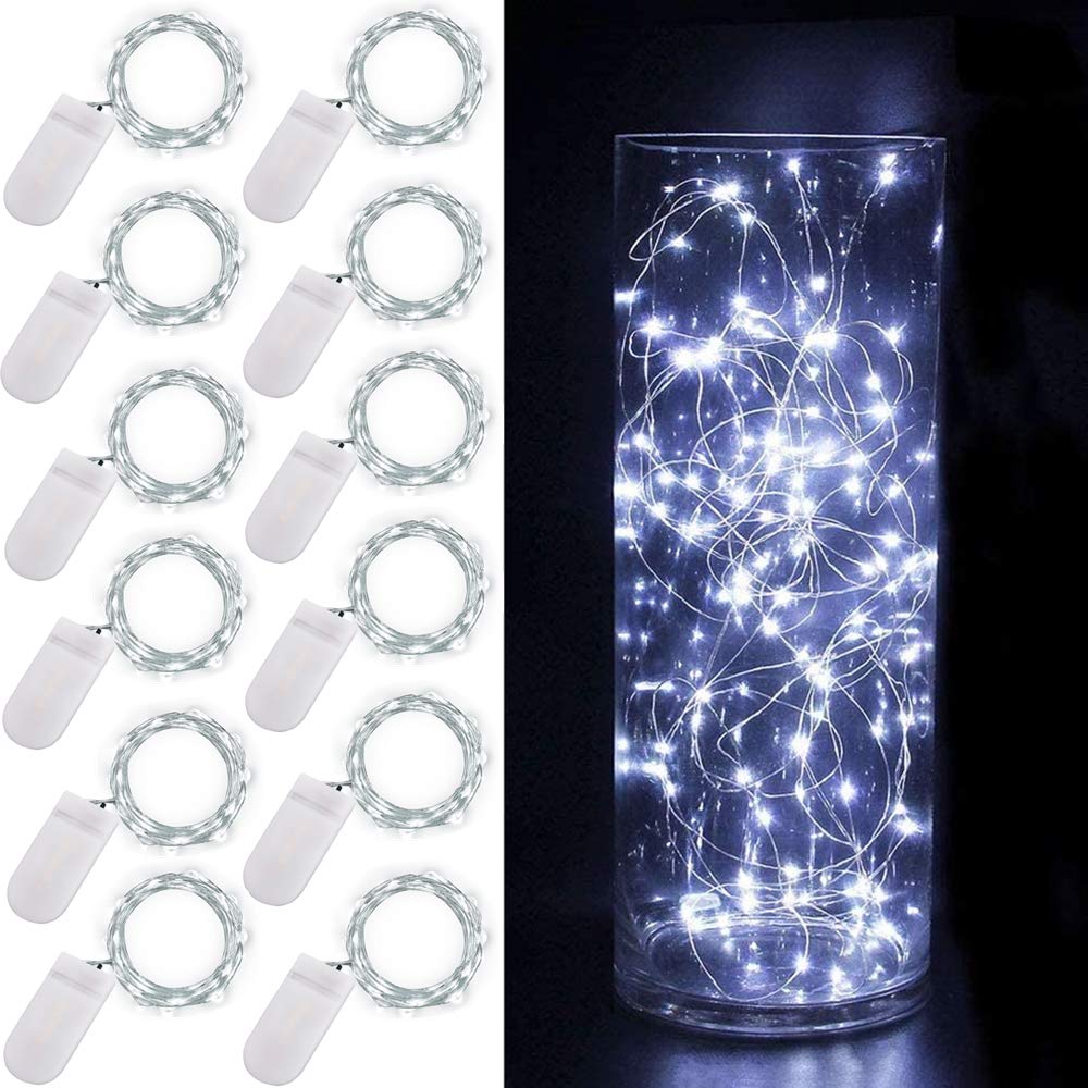 ooklee® Fairy String Lights Battery Operated, 12 Pack 2m 20 LED Copper Wire Starry Bottle Light, Twinkle Craft Sets Lighting for Table Party Wedding Indoor Jar Christmas Garden Decoration(Cool White)