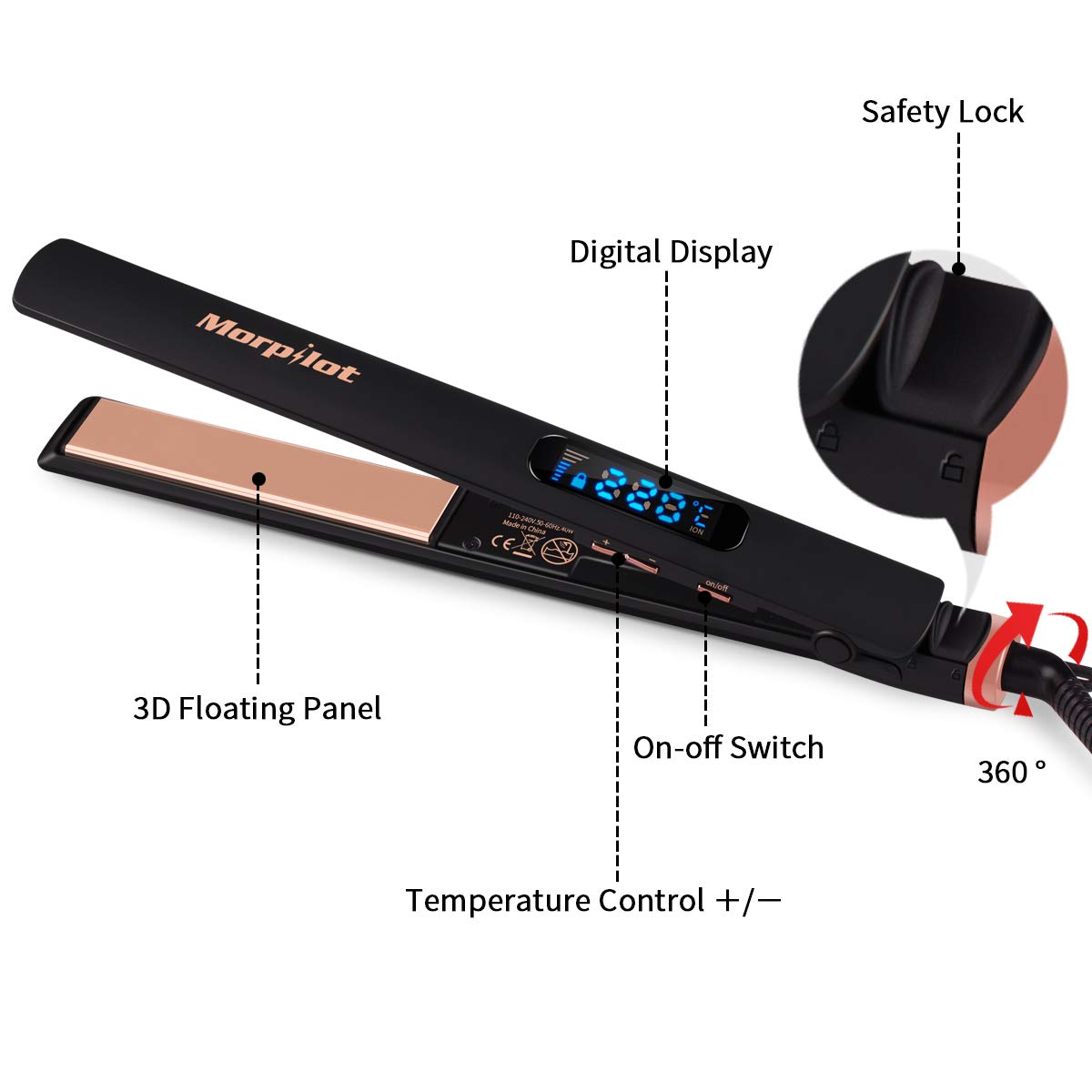 Fer à Lisser Lisseur Cheveux Longues plaques ioniques en céramique Température Ajustable Arrêt Automatique Verrou de sécurité Affichage numérique de la température