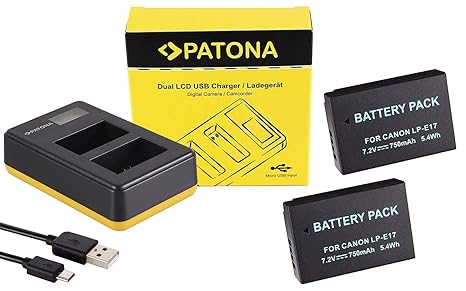 3in1-SET Ladegerät und 2 Akku für die Canon EOS 750D / 200D | mit LCD Ladeanzeige | Ersatzakku für Canon LP-E17 | mit jedem M