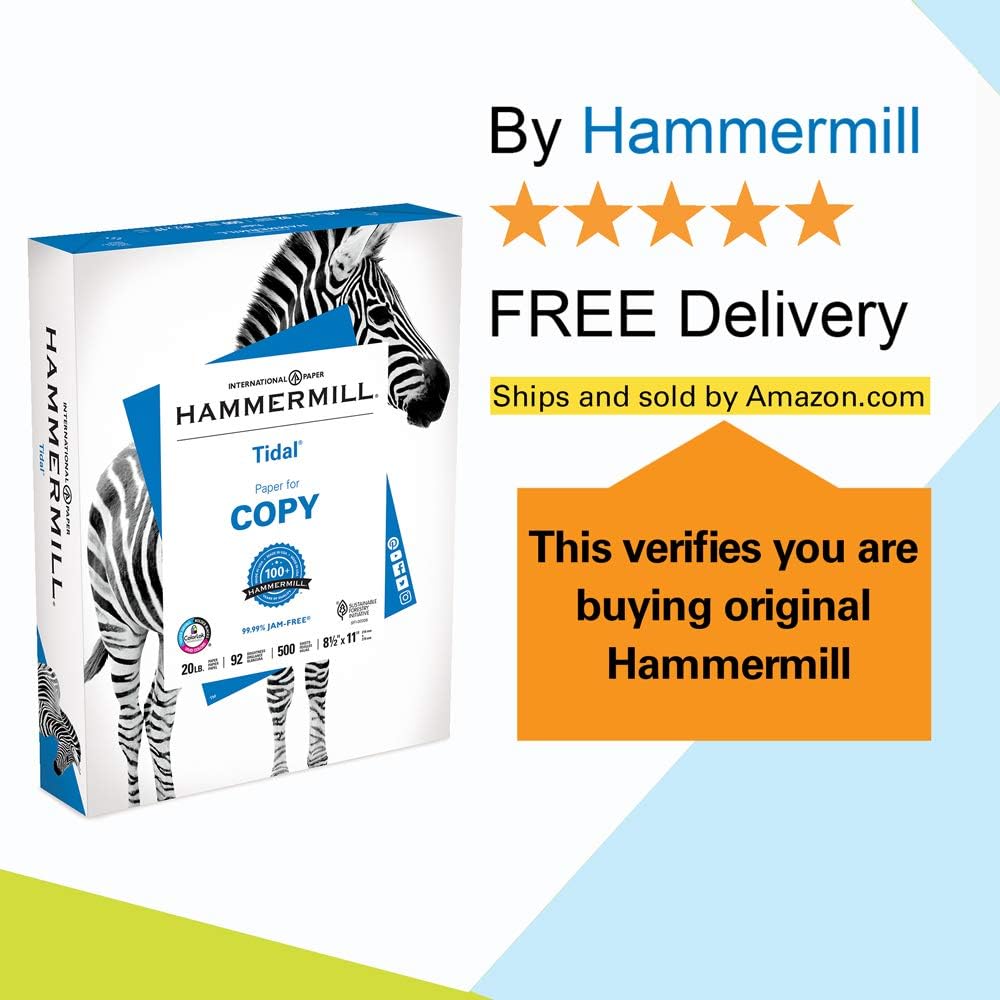 Hammermill Tidal 20lb Copy Paper, 8.5x 11, 10 Ream Case, 5000 Sheets, Made in USA, Sustainably Sourced From American Family Tree Farms, 92 Bright, Acid Free, Multipurpose Printer Paper, 162008C : Multipurpose Paper : Office Products
