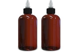BRIGHTFROM Twist Top Applicator Bottles, 8 OZ Amber, Squeeze Empty Round Plastic Bottles, BPA-Free, PET, Refillable, Open/Close Nozzle (Black) - Multi Purpose (Pack of 2)