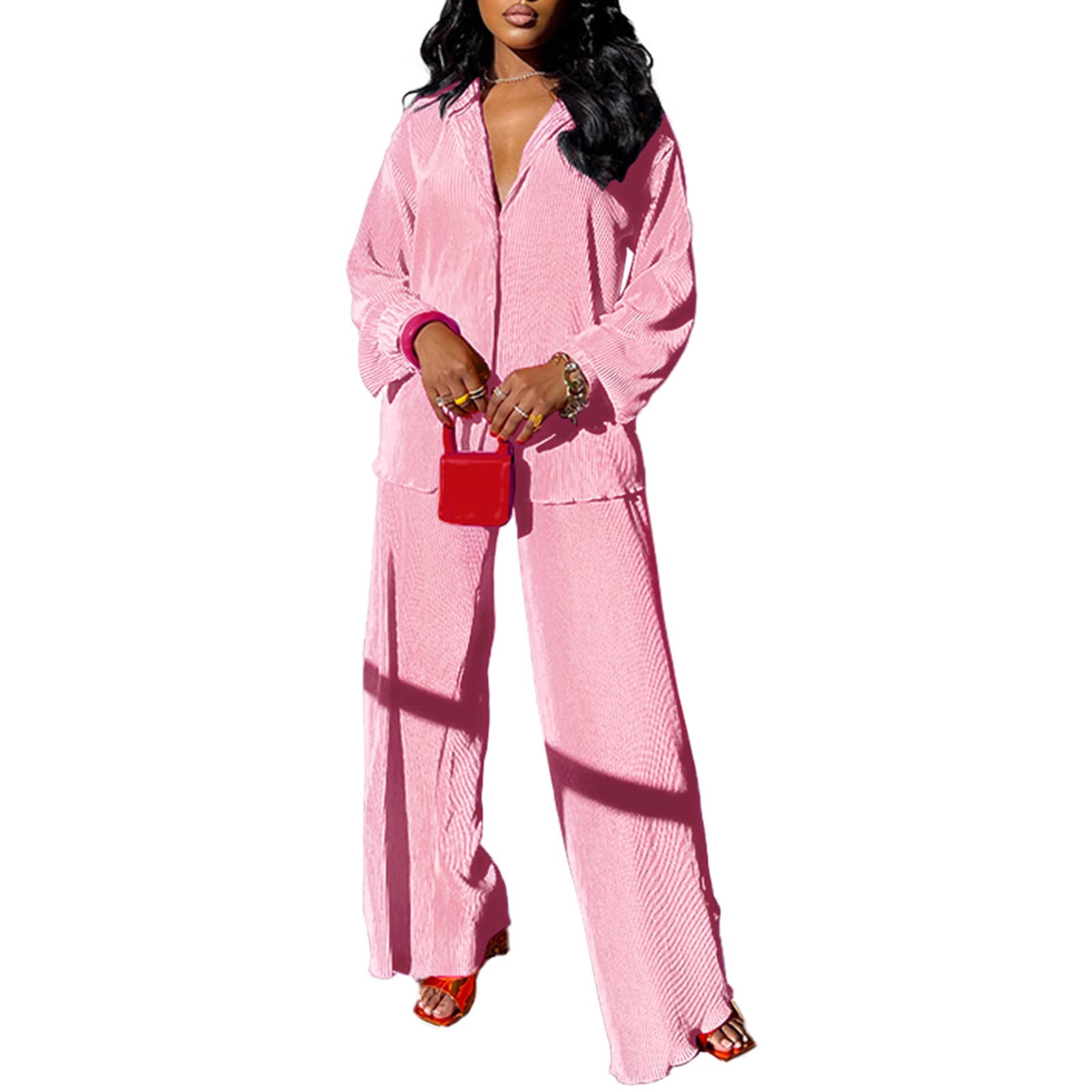 Photo 1 of 2XL kaimimei Women's 2 Piece Casual Outfits Long Sleeve Button Down Shirt High Waist Long Pants Loungewear Streetwear Suits