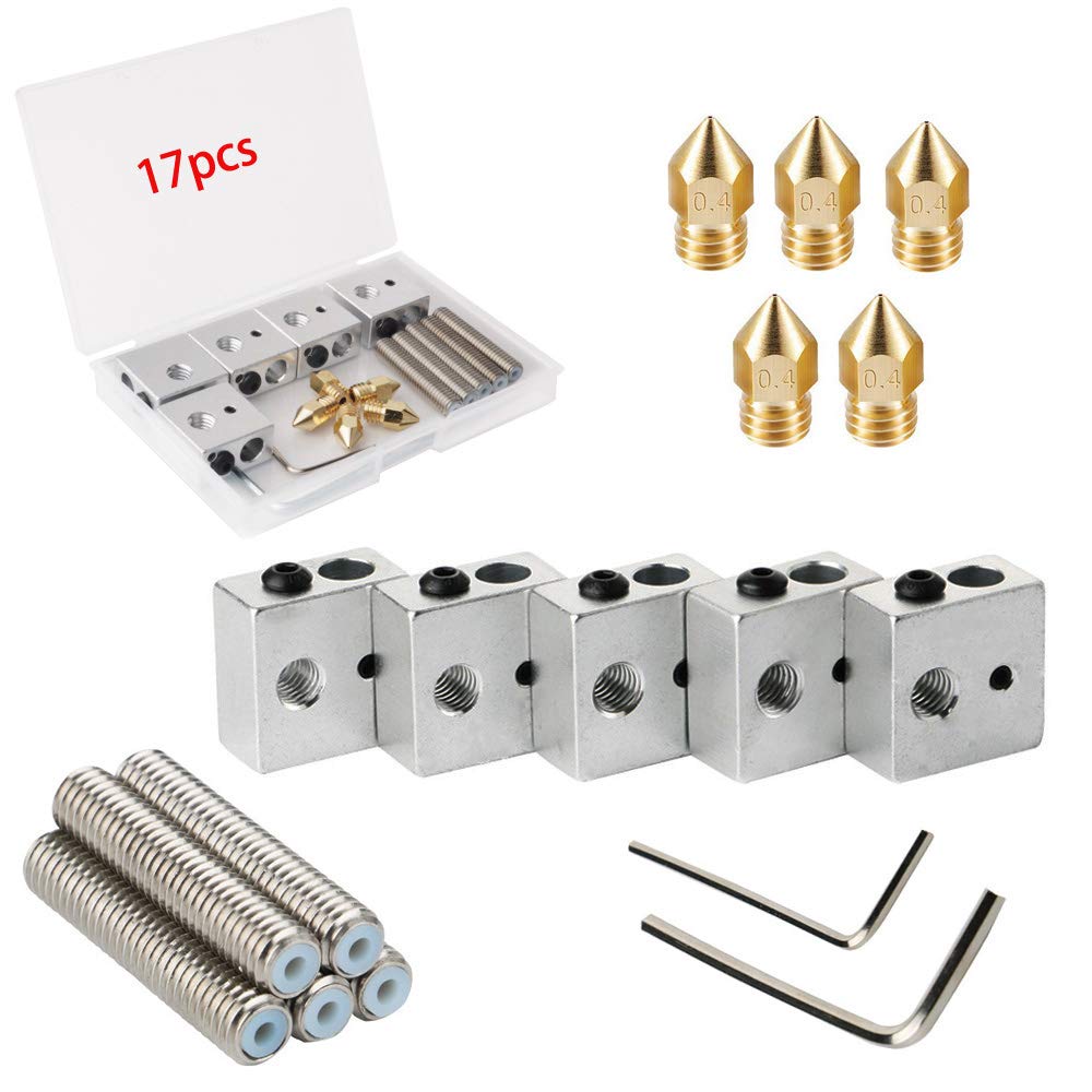 RUNCCI-YUN 5pcs 30MM Length Extruder 1.75MM Teflon Throat Tube and 5pcs 0.4MM Brass Extruder Nozzle Print Heads and 5pcs Heater Blocks Hotend for MK8 Makerbot Anet A8 3D Printer