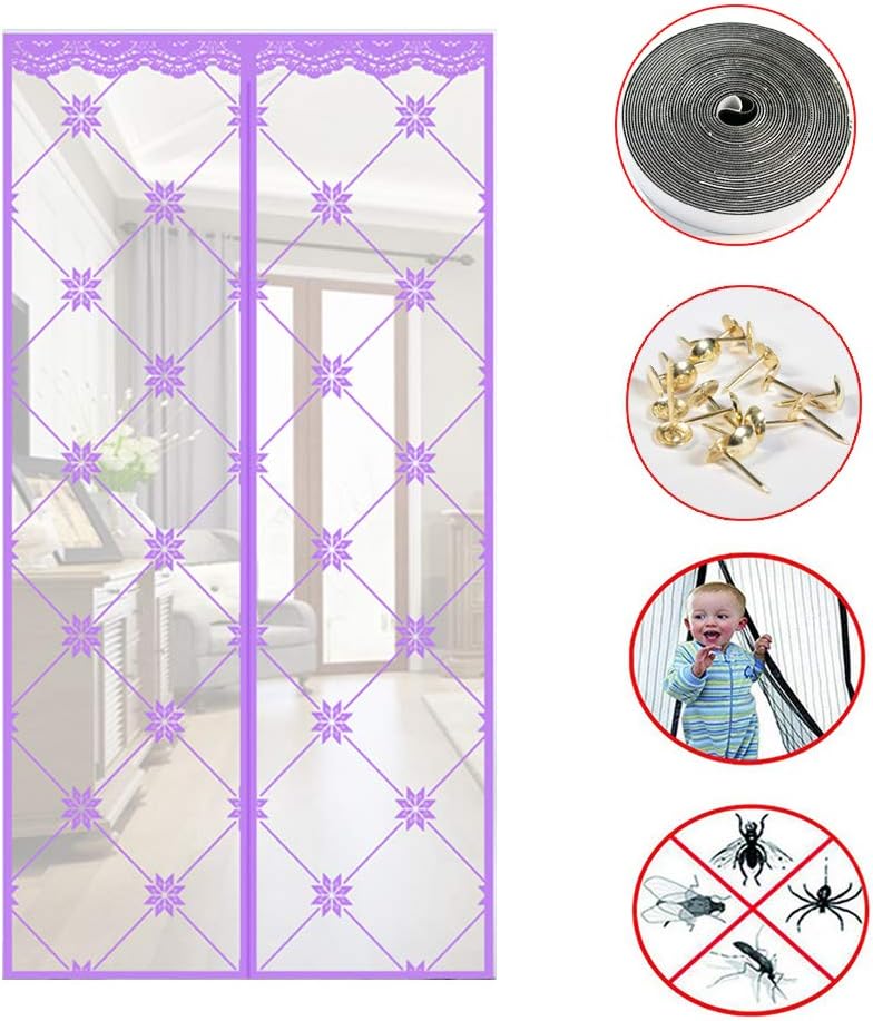 Magnetic Screen Door,mesh Curtain with Full Frame Magic Hook & Loop &thumbtacks,Many Sizes and Colors to Fit Your Door Exactly Purple 220x90cm(87x35inch)