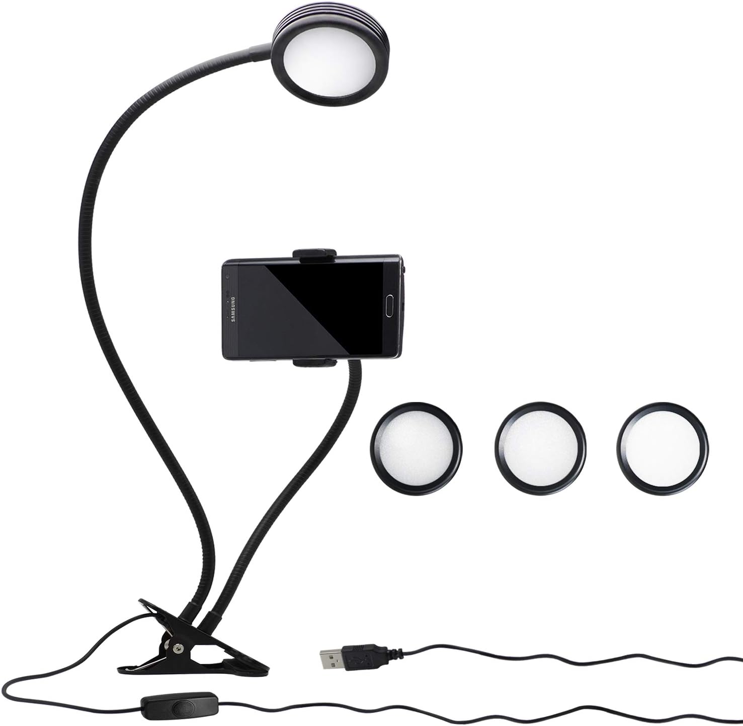 LS Photography Selfie Ring Light with Gooseneck Extension Bar & Spring Clamp Mounting Adapter & Spring Cell Phone Clip Holder, 3-Level Brightness Control Switch, USB Power Cable Port, LGG623